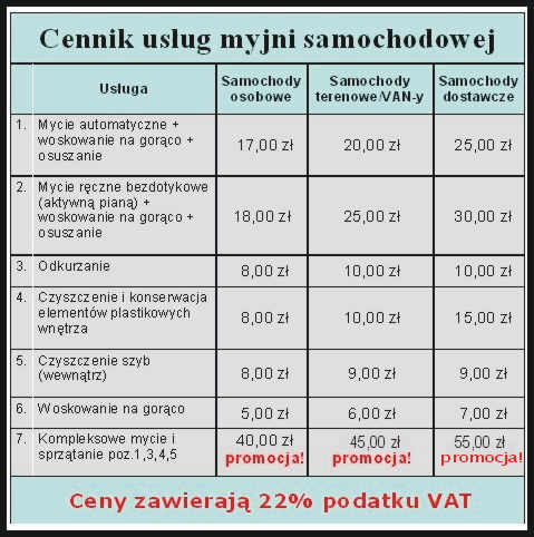 Cennik myjni samochodowej